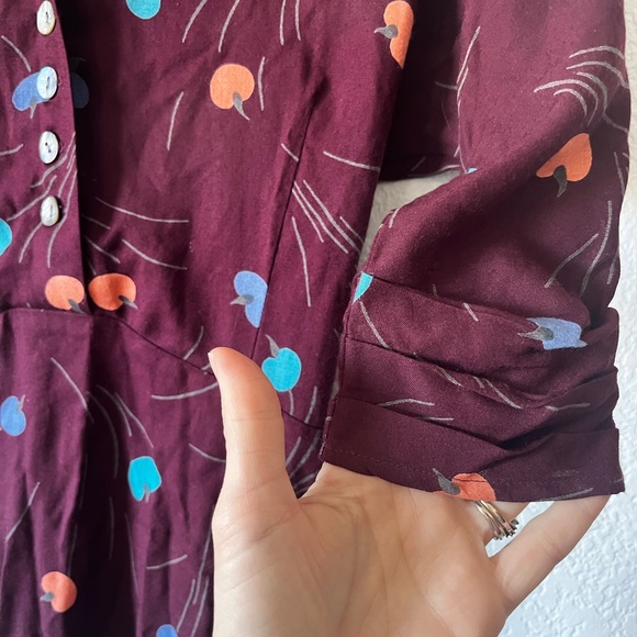 Christy Dawn Apple Print Midi Dress Half Button Half Sleeve Collared Burgundy XS - Picture 5 of 7